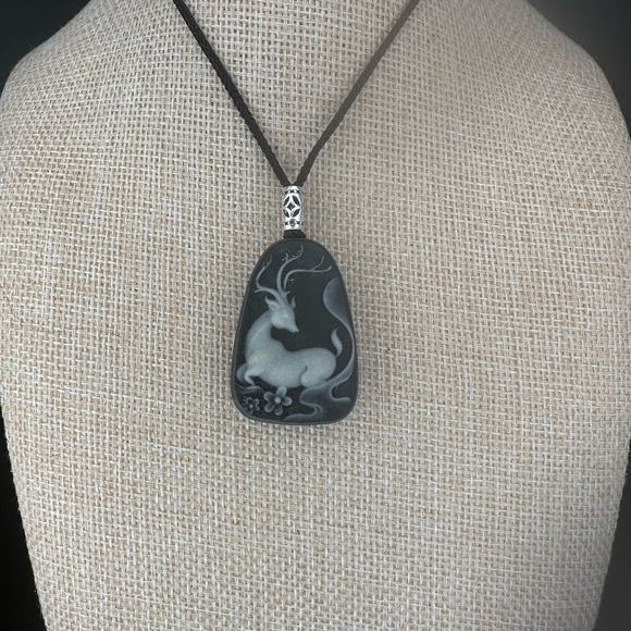 Tai Chi Stone Deer Pendant Necklace, Sterling Silver Accent on Adjustable Rope - Picture 6 of 9
